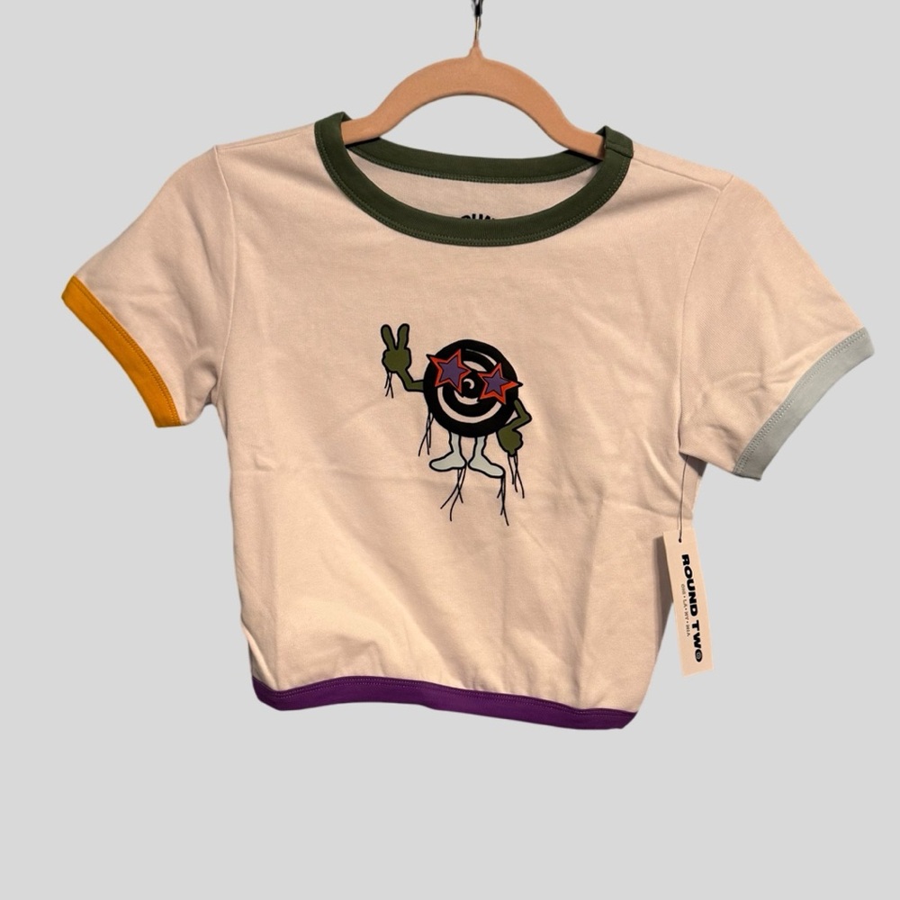 Round Two Graphic Cropped Ringer Tee Women’s Small Multicolor Trim